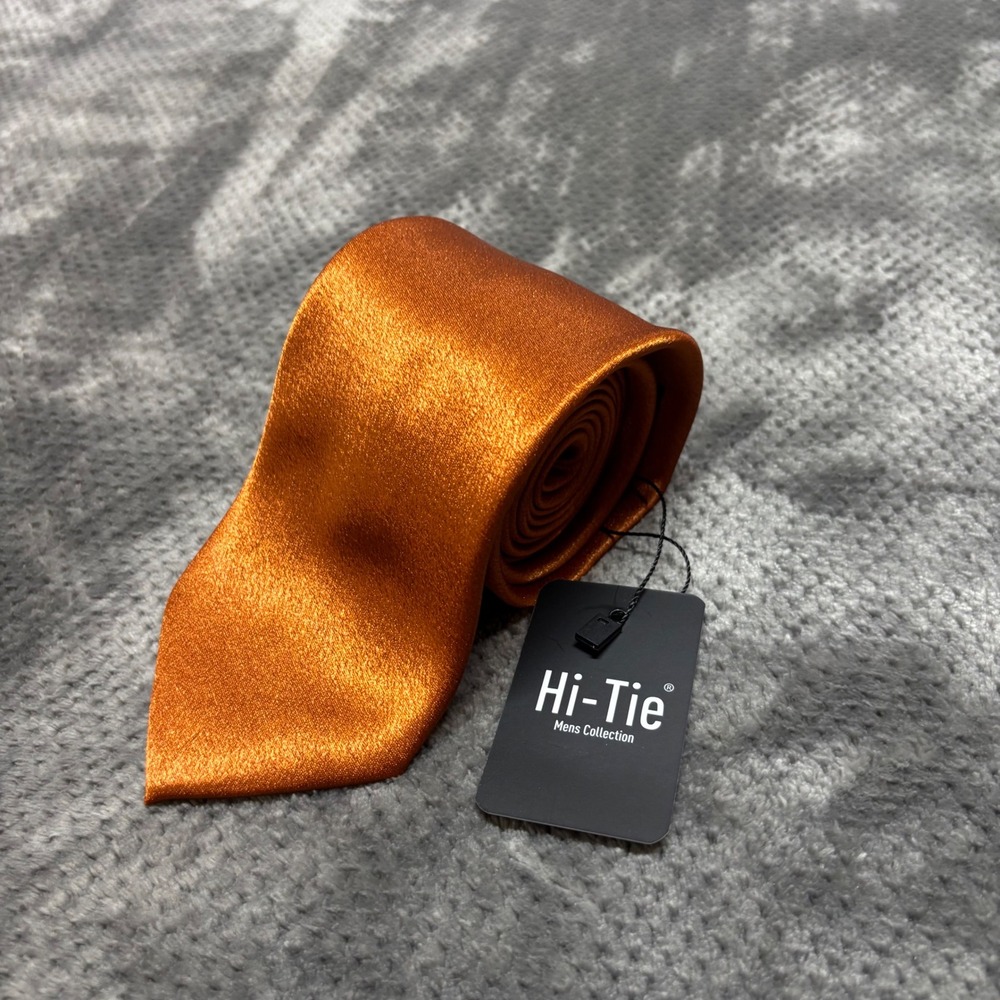 Hi-Tie Mens Burnt Orange Silk Blend Satin Necktie Copper Formal Wedding Tie NWT